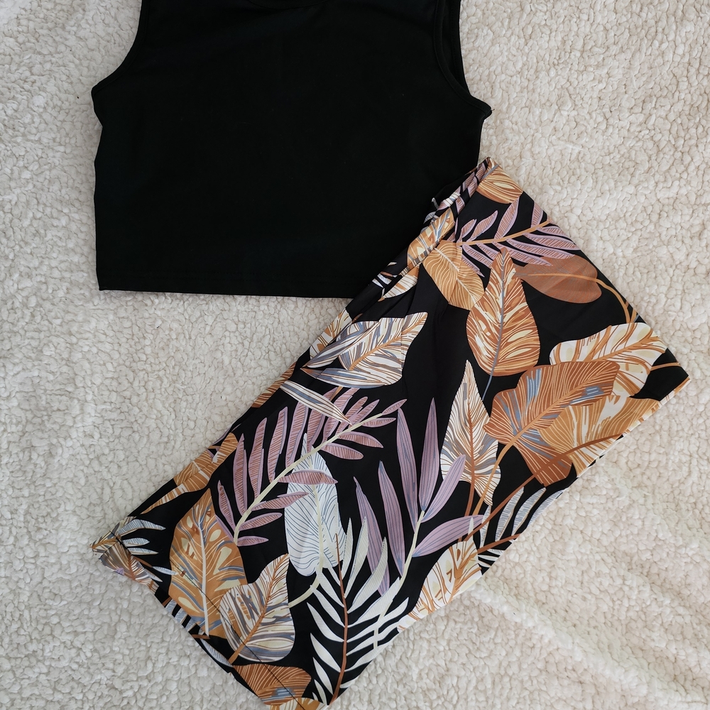 Black Crop Top and Tropical Print Skirt Set